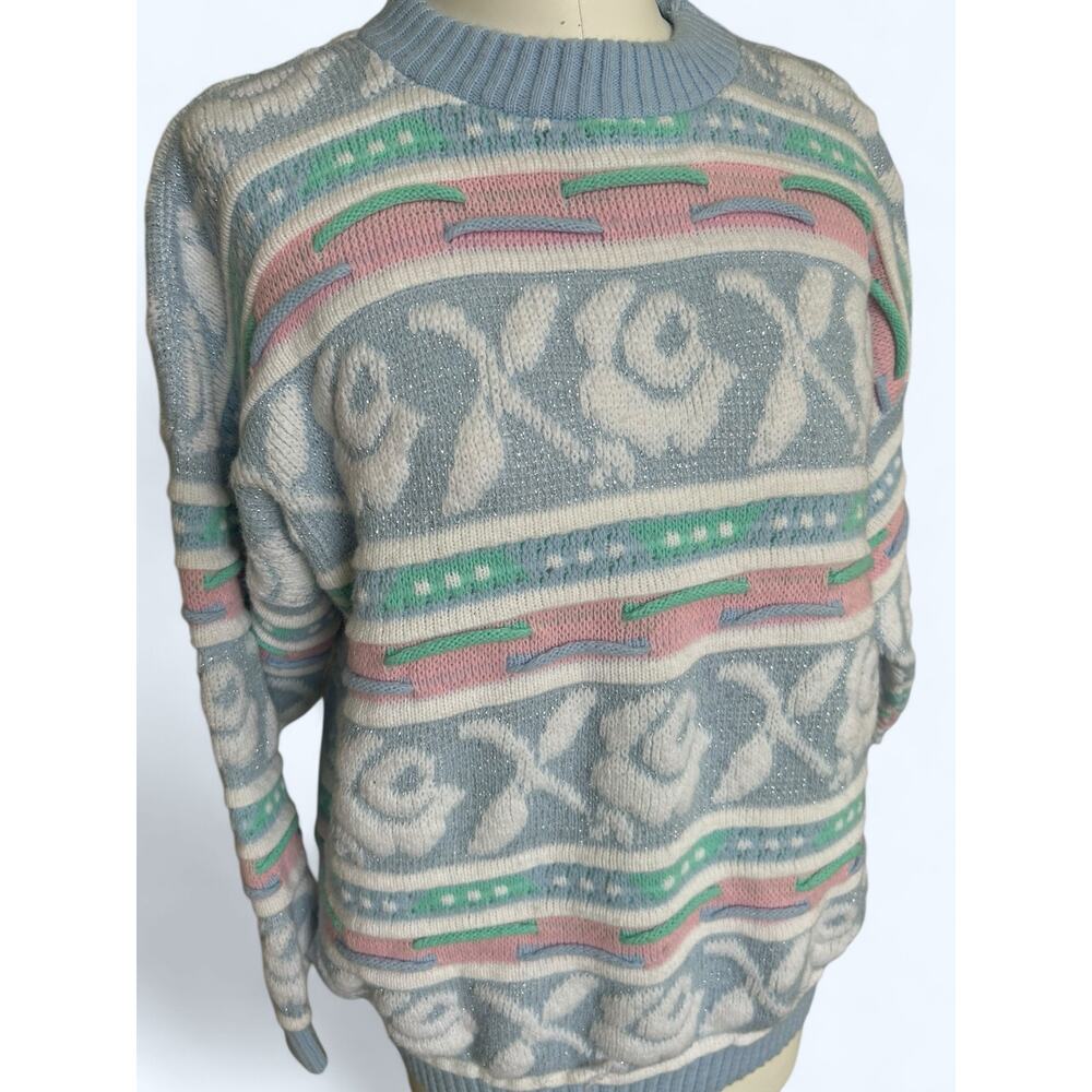 Vintage ROSE 80s Chunky Knit Sweater Pastel Sparkle Coogi Style Fairy Kei M/L - Picture 8 of 10